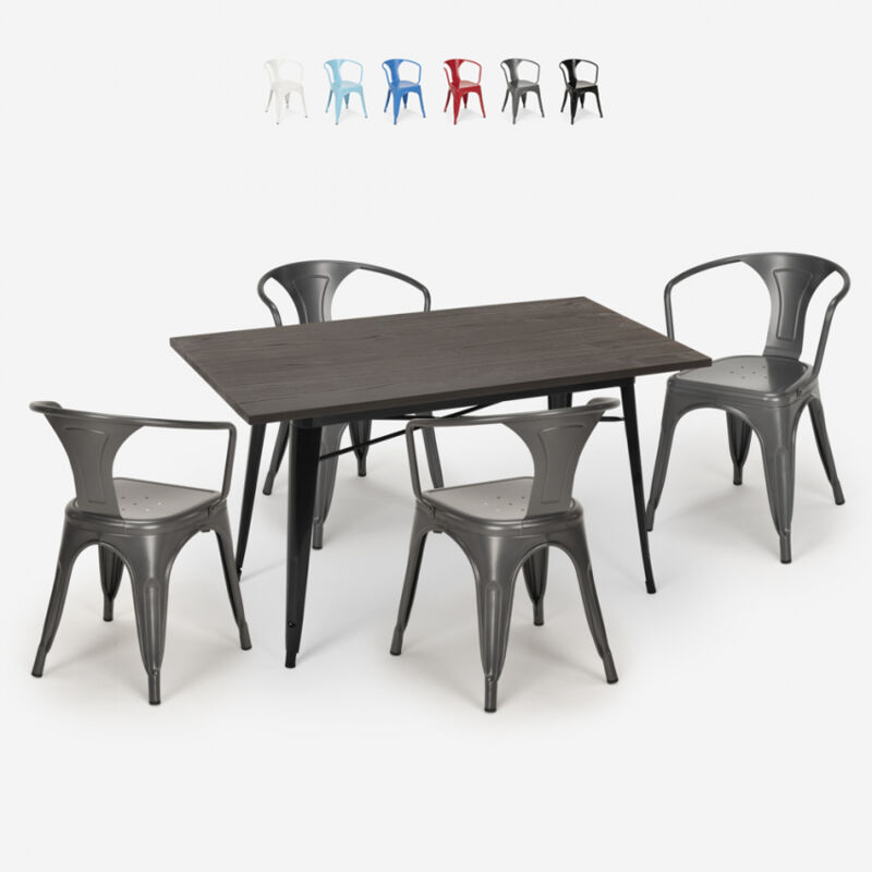 

Juego diseño industrial mesa 120 x 60 cm 4 sillas estilo tolix cocina bar Caster | Color: Gris Oscuro