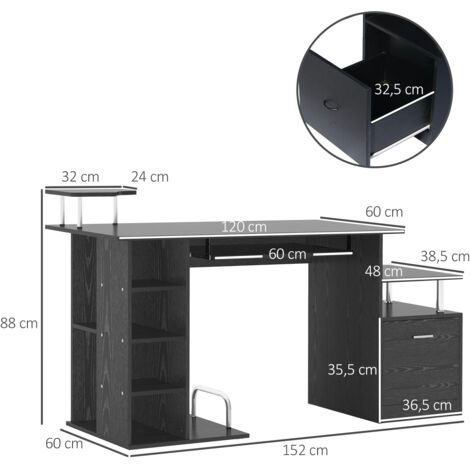 Mesa de Escritorio con 6 Estantes Cajón Bandeja de Teclado y Soportes para Monitor Impresora 152x60x88 cm Negro