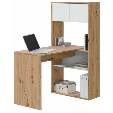 VMO HOME Mesa de escritorio con estantería Duo Blanco Artik (Blanco Mate) - Roble Nodi 108cm(vertical),112cm(horizontal) (ancho) x 140cm(vertical),72,5cm(horizontal) (alto)