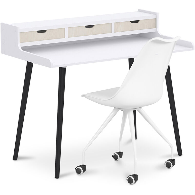 

Mesa de escritorio de madera diseño escandinava Thora + Silla de oficina con ruedas escandinava Canva Blanco