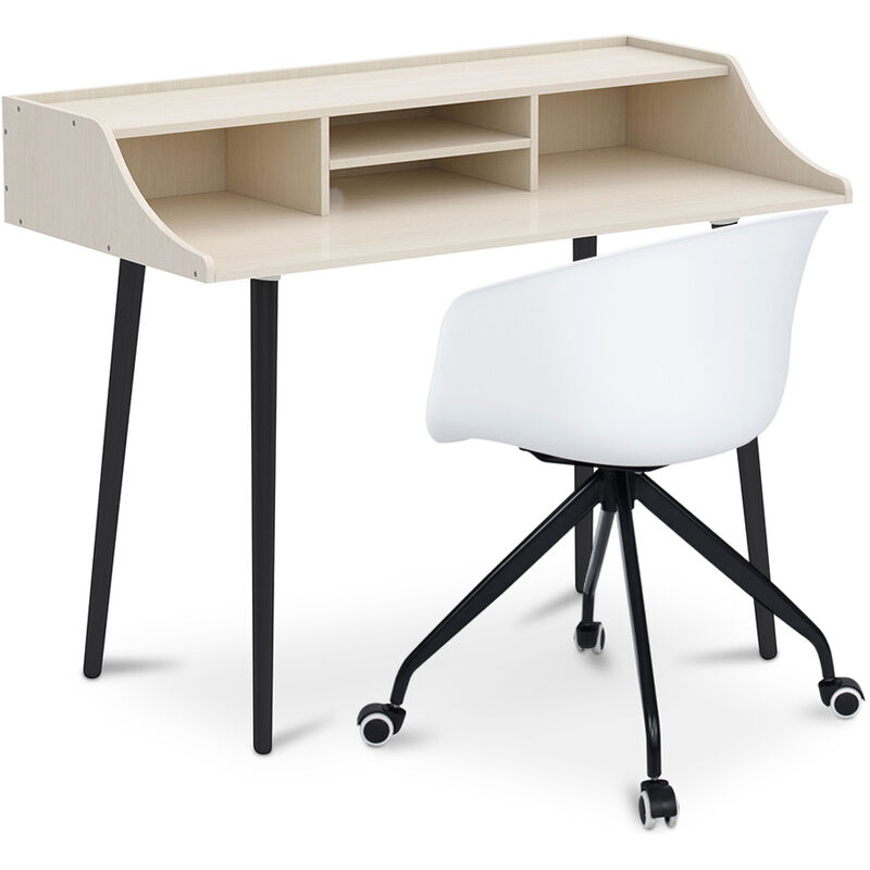 

Mesa de escritorio de madera diseño escandinava Torkel + Silla de oficina de diseño con reposabrazos y ruedas Blanco