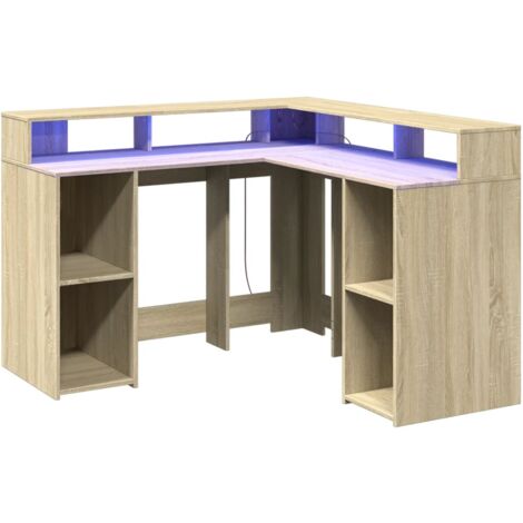 Mesa de escritorio Estación de trabajo Muebles para computadora Estudio de computadora con luces LED Madera de ingeniería de roble Sonoma Marrón 020023424