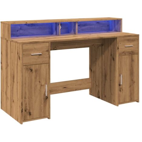 Mesa de escritorio Estación de trabajo Muebles para computadora Estudio de TI con luces LED Madera de ingeniería de roble hecha a mano Marrón 020023417