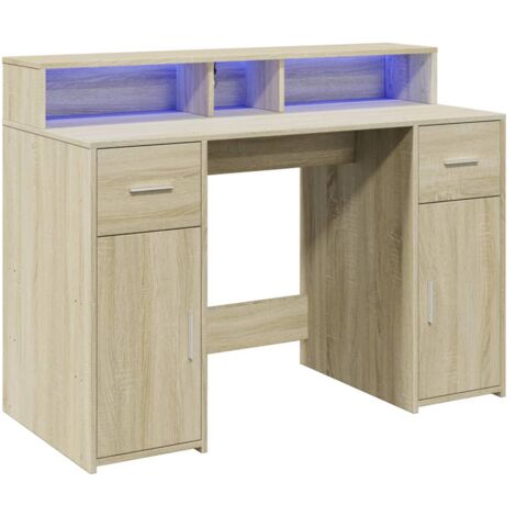 Mesa de escritorio Estación de trabajo Muebles para computadora Estudio de TI con luces LED Madera de ingeniería de roble Sonoma Marrón 020023422
