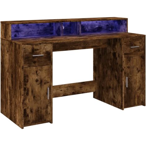 Mesa de escritorio estación de trabajo muebles para computadora estudio de TI y luces LED roble ahumado 140 x 55 x 91 cm madera contrachapada marrón 020023784