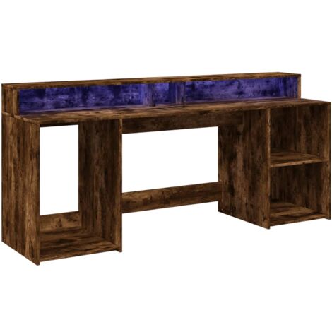 Mesa de escritorio estación de trabajo muebles para computadora estudio de TI y luces LED roble ahumado 200 x 55 x 91 cm madera contrachapada marrón 020023788