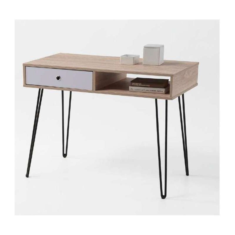 

Kitcloset - Mesa de escritorio Kala 1 hueco + 1 cajón acabado madera y blanco 76 cm(alto)100 cm(ancho)48 cm(fondo) Color ROBLE-BLANCO