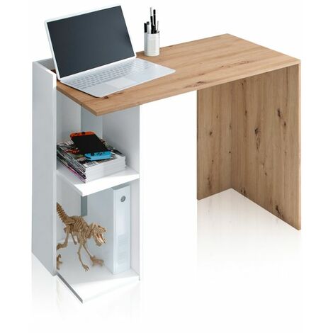 VMO HOME Mesa de escritorio Kenia Blanco Artik (Blanco Mate) - Roble Nodi 100cm (ancho) x 73cm (alto)