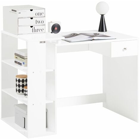 Escritorio con estantería alta moderna, Consola con estantes de  almacenamiento, Mesa de estudio para dormitorio, 160x40xh135 cm, Color  blanco