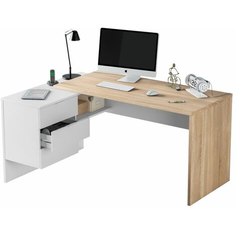 DIMAPLAST Mesa de escritorio Office Buc Blanco Artik (Blanco Mate) - Roble Canadian 145cm (ancho) x 73cm (alto)