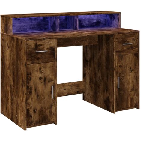 Mesa de escritorio puesto de trabajo mobiliario informático estudio informático y luces LED roble ahumado 120 x 55 x 91 cm madera contrachapada marrón 020023782