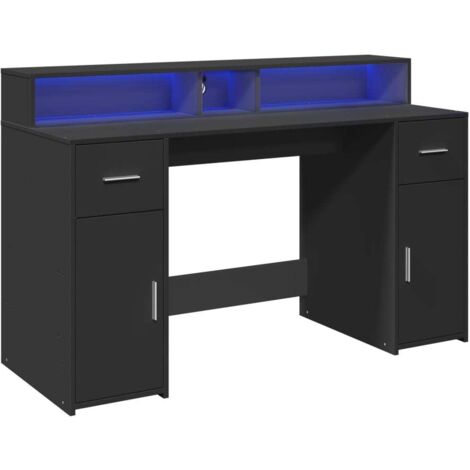 Mesa de escritorio puesto de trabajo mueble de ordenador estudio con luces LED 140 x 55 x 91 cm madera contrachapada negro 020023429