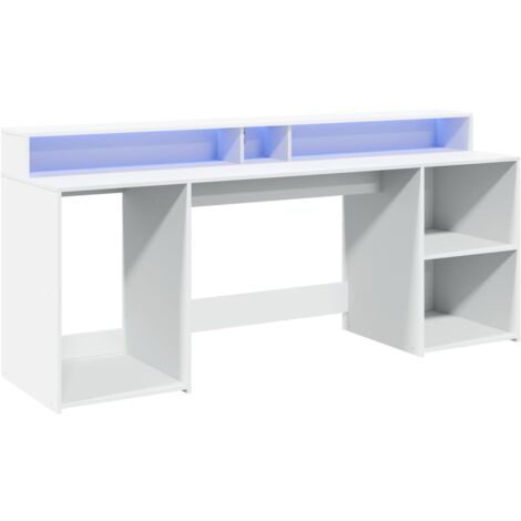 Mesa de escritorio puesto de trabajo mueble de ordenador estudio con luces LED 200 x 55 x 91 cm madera contrachapada blanca 020023410