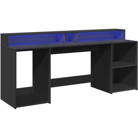 Mesa de escritorio puesto de trabajo mueble de ordenador estudio con luces LED 200 x 55 x 91 cm madera contrachapada negro 020023433