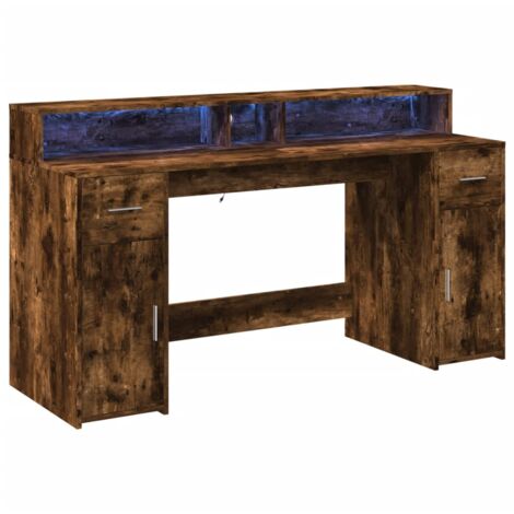 Mesa de escritorio puesto de trabajo muebles de ordenador estudio y luces LED roble ahumado 160 x 55 x 91 cm madera contrachapada marrón 020023786
