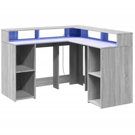 Mesa de escritorio puesto de trabajo muebles de ordenador estudio y luces LED sonoma 130 x 130 x 91 cm madera contrachapada gris 020023806