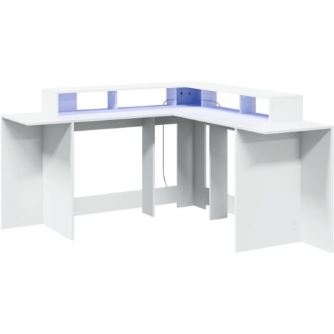 Mesa de escritorio Puesto de trabajo Muebles para ordenador Estudio informático con luces LED 152 x 152 x 91 cm Madera contrachapada Blanco 020023407