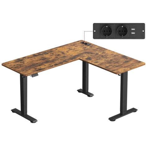 Mesa de esquina de escritorio eléctrica de altura regulable de 140 x 160 cm con regleta de enchufes y función de memoria 2 alturas para teletrabajo color marrón 120004614