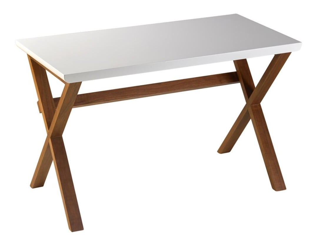 

Mesa de estudio con tapa de color blanco y patas de color nogal.