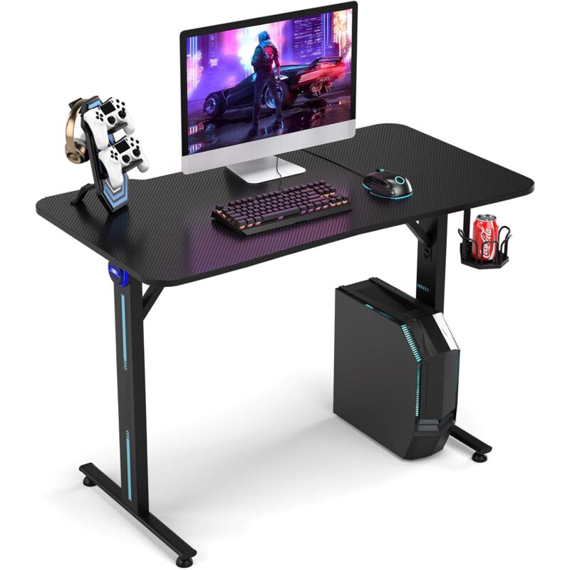 

Costway - Mesa de Gaming con LED Mesa de Juego en Forma de T Mesa para Ordenador Escritorio con Portavasos para Hogar Oficina