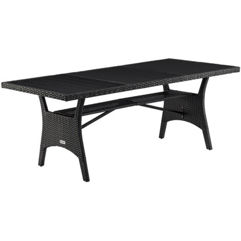 Mesa de jardín Casaria Polyrattan 190x90x74cm con repisa Tablero de WPC Regulable en altura Aspecto de madera Resistente a la intemperie Mesa de comedor de jardín Muebles de jardín Negro