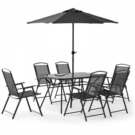 Mesa de jardín con 6 sillas y parasol gris Bormes - Gris