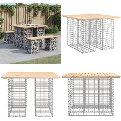 Mesa de jardín con diseño de gaviones, 100 x 102 x 72 cm, madera maciza de pino - Mesa de exterior - Mesa de patio