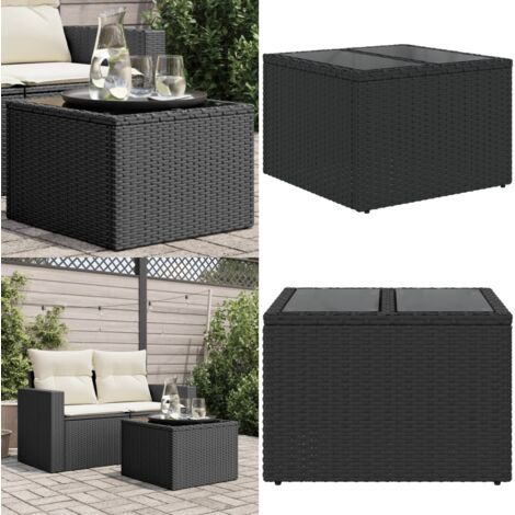 Mesa de jardín con tablero de cristal, ratán sintético, color negro, 55 x 55 x 37 cm - Ratán sintético - Vidrio templado