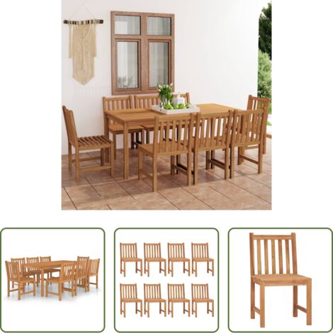 Mesa de jardín -  Conjunto de comedor de jardín de 9 piezas, 180 x 90 cm, madera maciza de teca