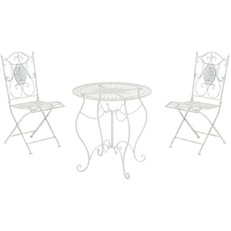 Mesa de jardín de diseño rústico y dos sillas en metal blanco envejecido 100007978