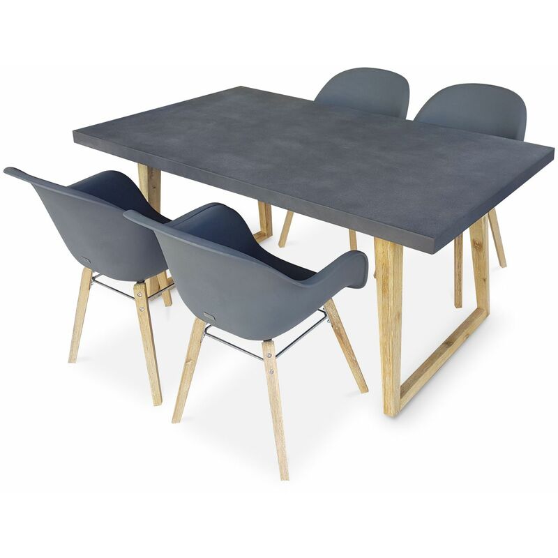 

Alice's Garden - Mesa de jardín de fibra de cemento 160 cm BORNEO y 4 sillones escandinavos CELEBES gris - Gris
