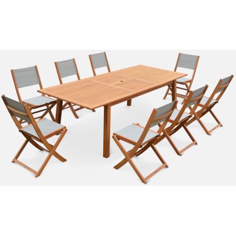 Mesa de jardín de madera extensible, 8 sillas