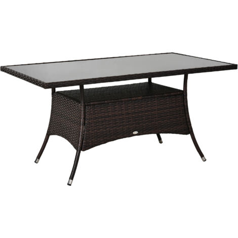 Mesa de jardín de polirratán 150x85x74 cm, mesa de cristal, cristal de seguridad, marrón/negro, mesa de comedor ideal para jardín y terraza