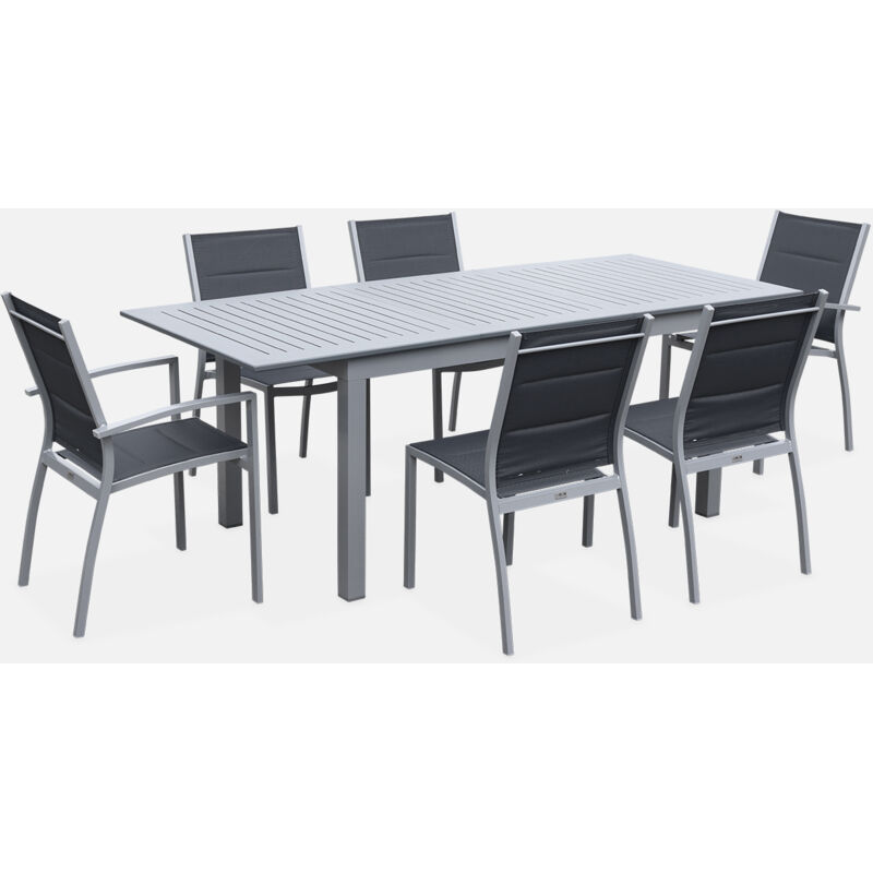 Mesa de jardin, Conjunto para exterior, Gris oscuro, 6 plazas, Chicago