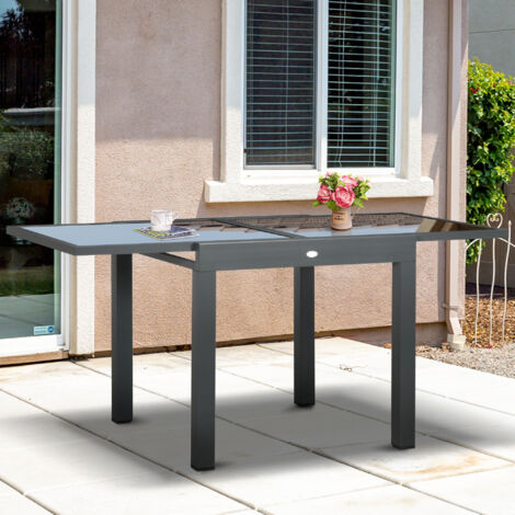 Mesa de Jardín Extensible de Aluminio Mesa Rectangular con Encimera de Vidrio Templado para Terraza 80-160x80x75cm Negro