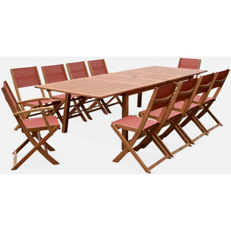 Mesa de jardín extensible de madera + 10 sillas