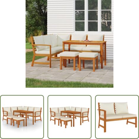 Mesa de jardín -  Juego comedor de jardín 6 pzas con cojines madera maciza acacia