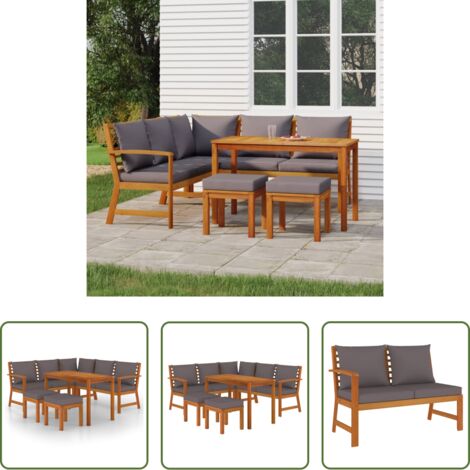 Mesa de jardín -  Juego comedor de jardín 6 pzas con cojines madera maciza acacia