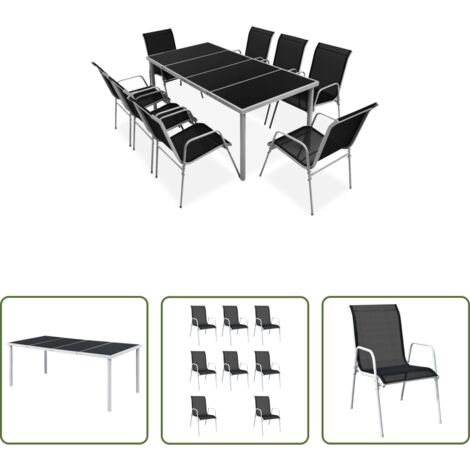 Mesa de jardín -  Juego de comedor de jardín 9 piezas de acero negro