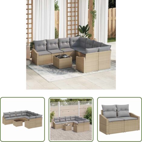 Mesa de jardín -  Juego de Sofá Manual 9 pcs Beige y Gris Claro ratán sintético