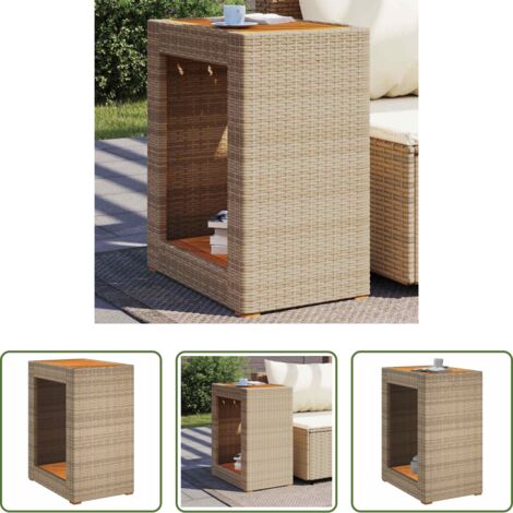 Mesa de jardín -  Mesa auxiliar jardín tapa madera ratán PE beige 60x40x75 cm
