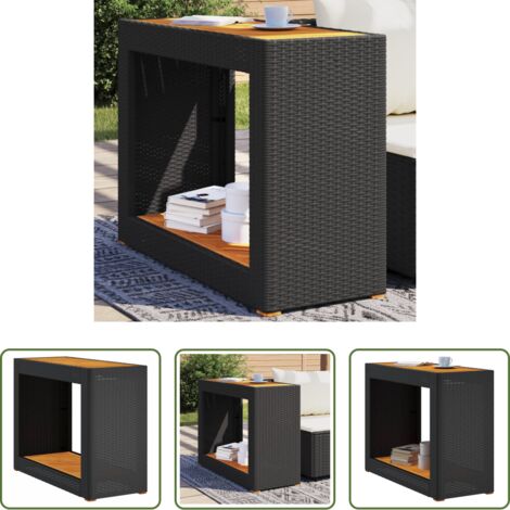 Mesa de jardín -  Mesa auxiliar jardín tapa madera ratán PE negro 100x40x75 cm