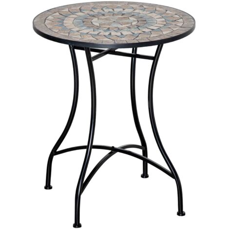 Mesa De Jardín Mesa De Mosaico Mesa Redonda Para Bistro Placa De Mosaico Cerámica Metal Verde + Beige + Blanco Ø60Cm
