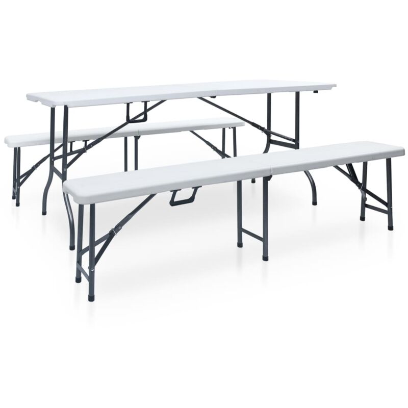 

vidaXL Mesa de jardín plegable con 2 bancos acero y HDPE blanco 180 cm - Blanco