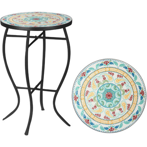 Mesa de Jardín Redonda Mesa Auxiliar de Mosaico con Patas de Metal para Patio Terraza Exterior Balcón 35,5x35,5x53,5 cm Multicolor