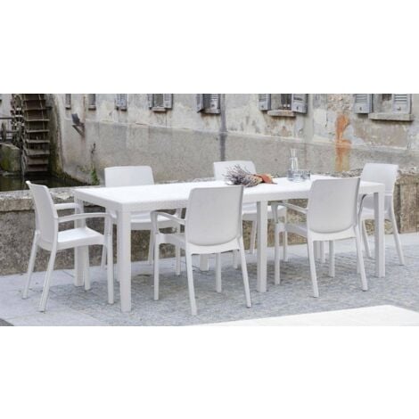 Mesa de jardín Roma, Mesa de comedor extensible rectangular, Mesa de jardín extensible efecto ratán, 100% Made in Italy, Cm 150x90h72, Blanco