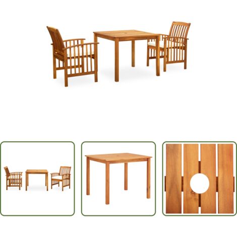 Mesa de jardín -  Set comedor de jardín 3 pzas y cojines madera maciza de acacia