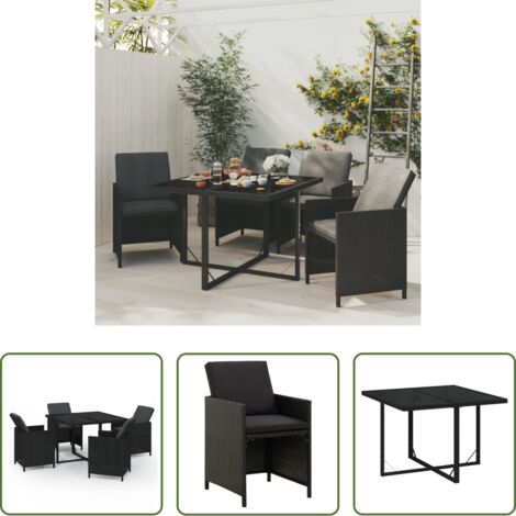 Mesa de jardín -  Set comedor de jardín 5 pzas con cojines ratán sintético negro