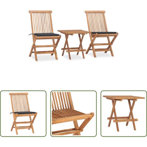 Mesa de jardín -  Set comedor de jardín plegable 3 piezas madera de teca cojines