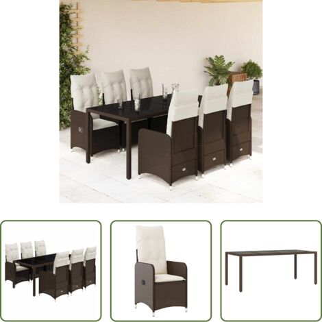 Mesa de jardín -  Set de mesa y sillas jardín 7 pzas con cojines ratán PE marrón